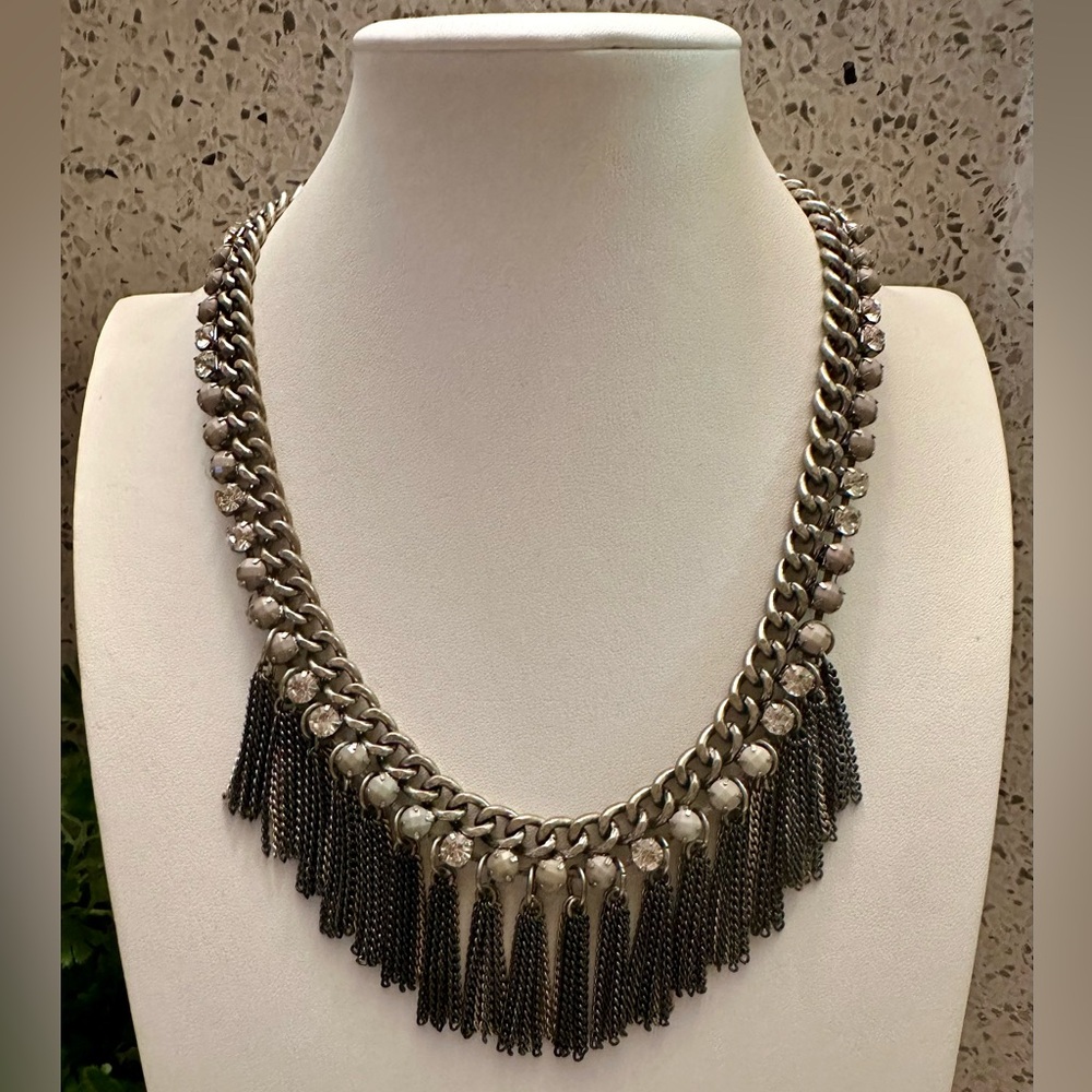 Silver tone statement necklace with rhinestones and chain